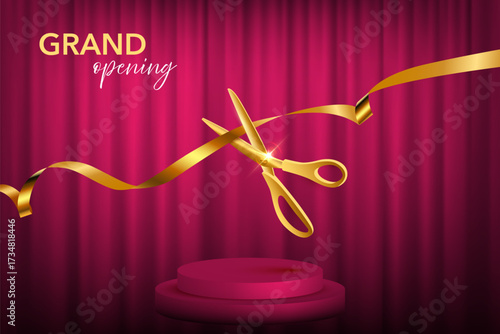 Grand opening ceremony. Golden scissors cutting gold ribbon in front of red curtain background with spotlight and podium. Luxury event announcement, business launch. Vector illustration.