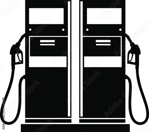 "Black and White Vector of Dual Gas Pumps with Nozzles for Fuel Station, Transportation, Automotive Service, and Energy Concept" Black and White Vector of Dual Gas Pumps with Nozzles for Fuel Station,