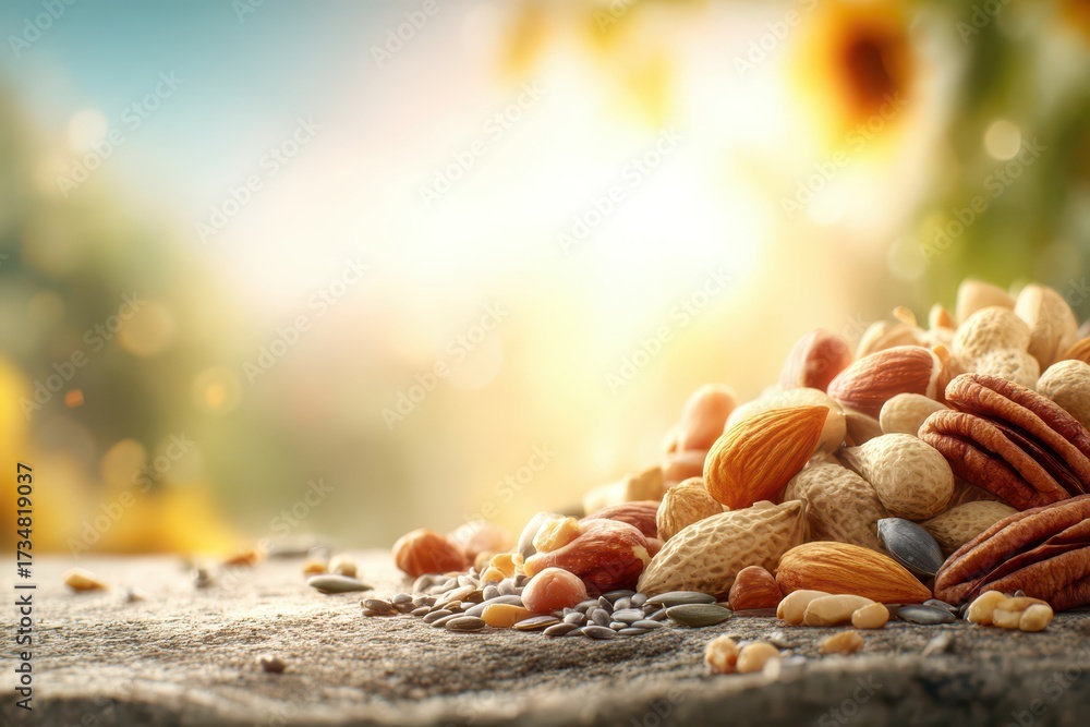 Fototapeta premium Healthy mixed nuts and seeds on a rustic surface, brightly lit by sunlight.