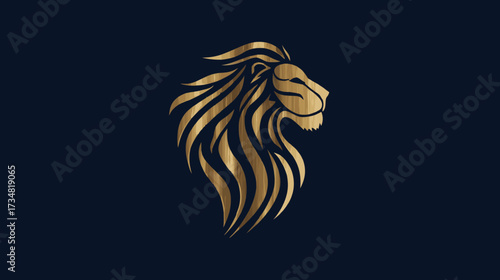Majestic golden lion head profile, stylized emblem on a dark background. Regal animal icon for luxury, power, and elegance design.