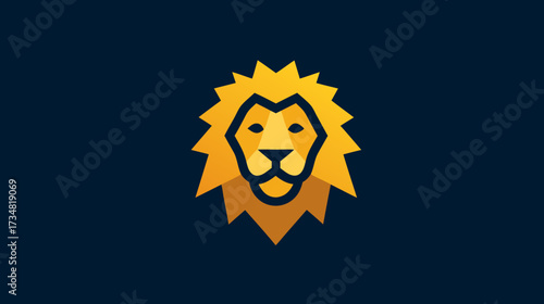 Geometric golden lion head illustration with spiky mane on dark blue background, vector art for strength, royalty, and leadership concepts.
