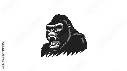 Fierce roaring gorilla head vector illustration. Powerful primate ape with an aggressive expression, black and white wild animal.