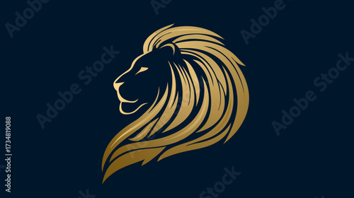 Majestic golden lion head profile, elegant regal animal emblem or strong corporate symbol on dark background.