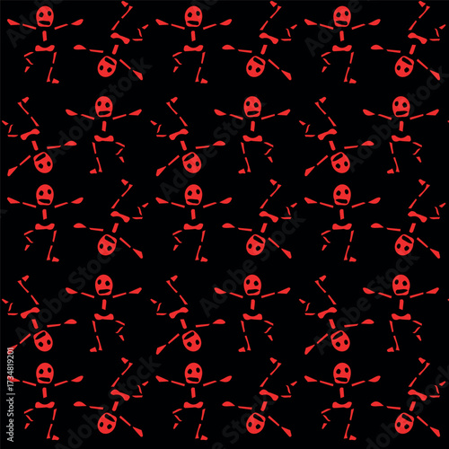 A pattern for a fun Halloween. Dancing skeletons on a black background, vector seamless.