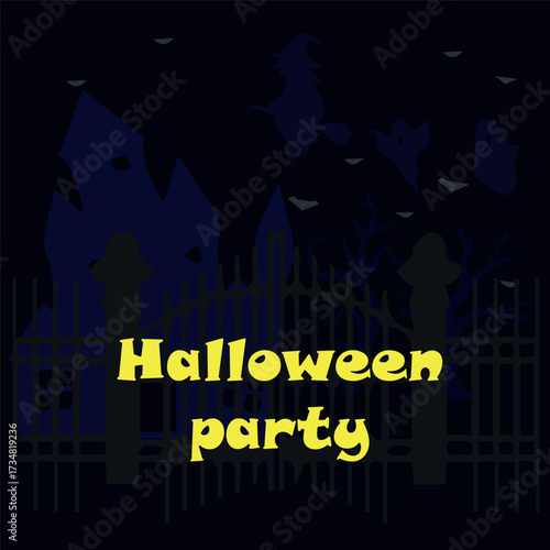 A Halloween-style landscape, a castle behind a gloomy fence. With an inscription. For invitations and postcards and parties.