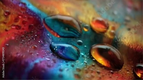 Water drops on colorful abstract surface close up