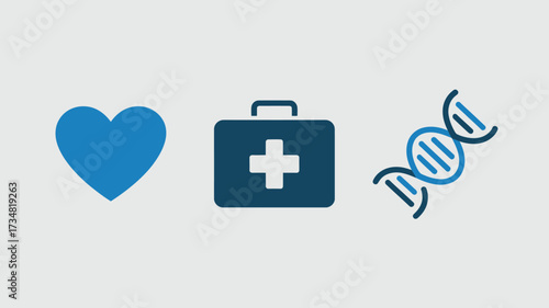 Medical icon set with heart first aid kit and DNA strand simple vector glyphs for healthcare and science applications isolated on white background