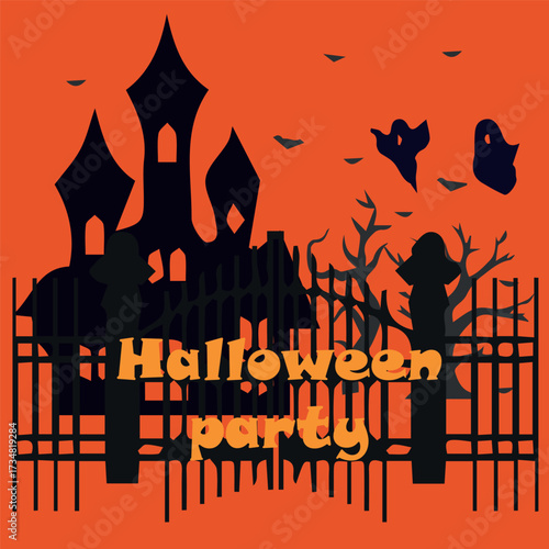 An invitation card for a Halloween party. A colorful holiday-themed story. Ghosts and castles.