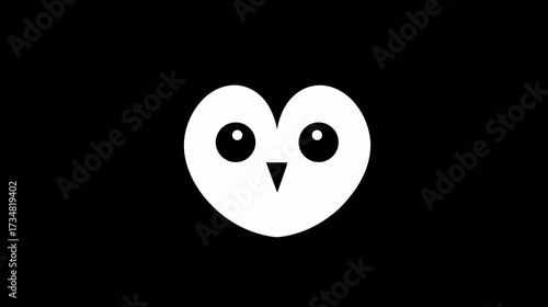 Minimalist white owl face icon, stylized geometric heart shape on black background, cute abstract graphic design element, modern symbol.