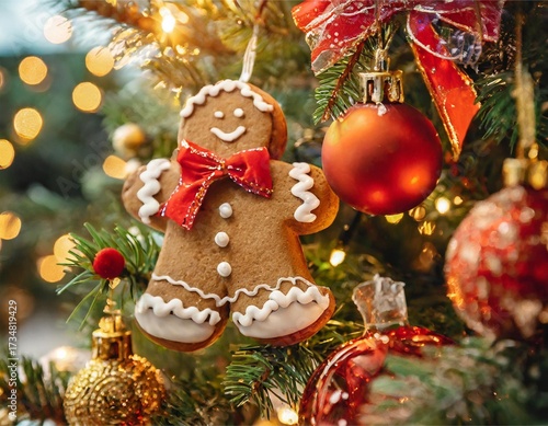 Festive Christmas gingerbread man cookie ornament with red bow on a decorated tree. Holiday lights, gold baubles, winter, celebration, cheerful, new year, traditional, sweet, decoration, handcrafted