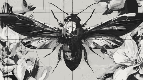 Dramatic Black and White Illustration of a Large Bee or Moth with Spread Wings, Detailed Floral Elements, and Subtle Grid Pattern Background