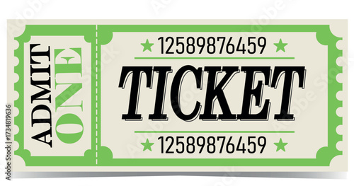 A classic template for a ticket to an event, concert, or show. White and green shades, vector drawing of the sample with perforation and text.