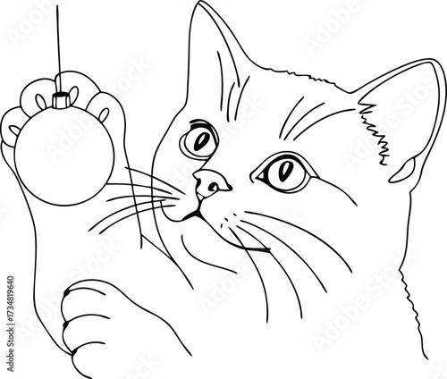Line art kitten pawing at a hanging Christmas ornament Continous line drawing playing