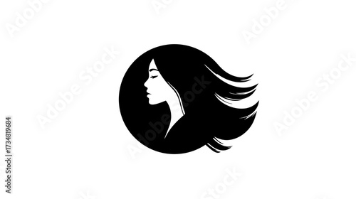 Elegant woman profile silhouette with long, flowing dark hair within a minimalist circular design. Concept for beauty salon or wellness.