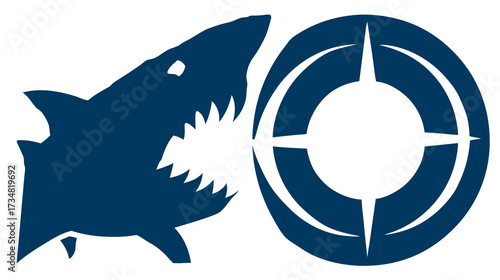Powerful predatory shark head silhouette with menacing sharp teeth next to a precise target symbol, marine predator and focus graphic