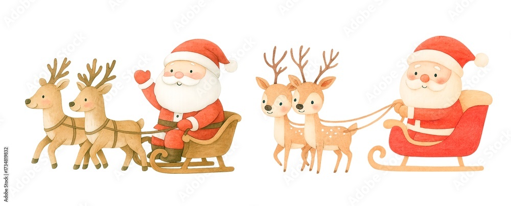 Fototapeta premium Watercolor Santa in Sleigh with Reindeer – Hand-Painted Christmas Clipart for Holiday Decor, Festive Invitations and Winter Designs