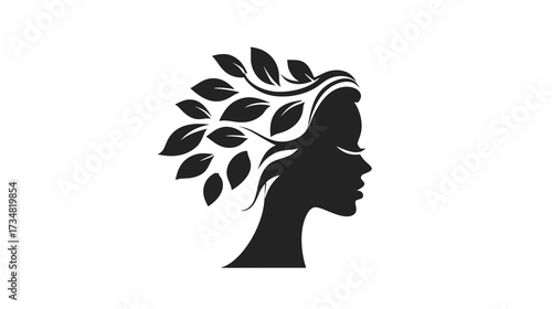 Beautiful woman profile silhouette with flowing natural leafy hair, symbolizing organic beauty, nature, wellness, and growth