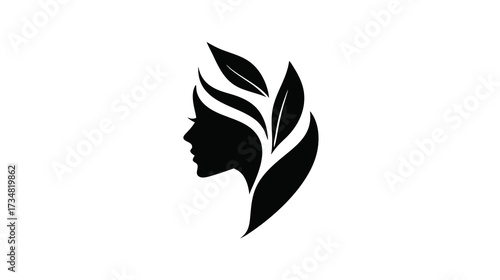 Abstract woman's profile silhouette with intertwined leaves, symbolizing natural beauty, organic wellness, and elegance.