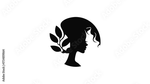 Elegant black silhouette of a woman's profile with long flowing hair and an organic leafy branch. Minimalist design for beauty and nature.