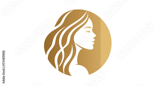 Golden illustration of a woman's profile with flowing long hair, elegant beauty concept for natural hair care and wellness