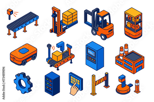 Automated Warehouse Icons. Isometric vector illustration set Automated Material Handling: conveyor system, pallet stacker, robotic