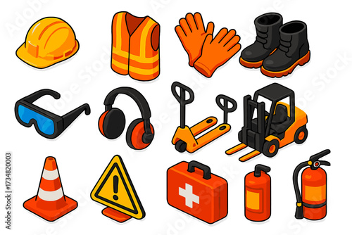 Safety Gear Equipment. Isometric vector illustration set Transportation PPE: helmet, safety vest, gloves, steel-toe boots, goggles