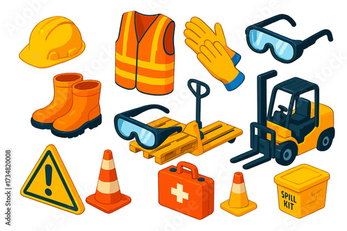 Loading Bay Safety Icons. Isometric vector illustration set Loading Bay Safety: helmet, safety vest, gloves, boots, goggles,