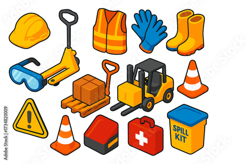 Loading Bay Safety Icons. Isometric vector illustration set Loading Bay Safety: helmet, safety vest, gloves, boots, goggles,