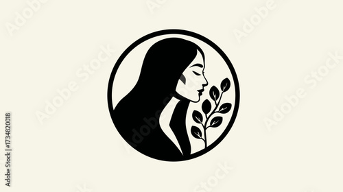 Minimalist black and white illustration of a woman's profile with long hair gently smelling a leafy branch, nature and beauty concept