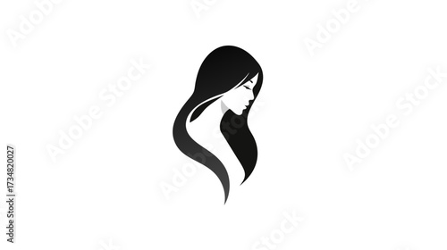 Elegant minimalist vector illustration of a young woman's profile. Beautiful female silhouette with long flowing hair, black and white graphic design.