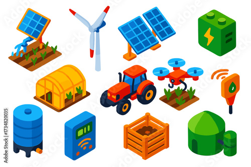 Sustainable Farming Technology. Isometric vector illustration set Renewable Energy Farming: solar-powered irrigation pump, wind