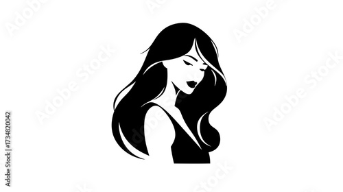 Elegant silhouette of a woman with long, flowing hair, looking down. Graceful minimalist vector illustration for beauty and style.