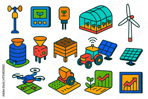 Climate-Smart Agriculture Icons. Isometric vector illustration set Climate-Smart Agriculture: weather station, irrigation