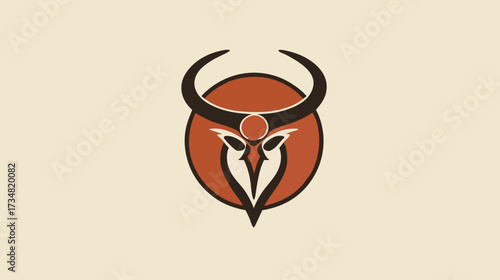Stylized Bull Head Emblem with Elegant Horns and Earthy Tones. Modern Minimalist Animal Icon in Tribal Style.