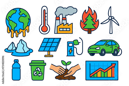 Sustainable Icons Showcase. Isometric vector illustration set Global Warming Awareness: melting earth globe, thermometer, factory