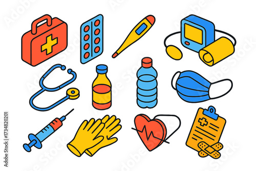 Home Healthcare Essentials. Isometric vector illustration set Outline Home Healthcare: first aid kit, pill blister pack,