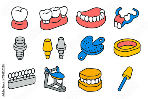 Dental Prosthetics Icons. Isometric vector illustration set Dental prosthetics: dental crown, dental bridge, full denture, partial