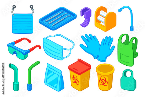 Bright Dental Accessories. Isometric vector illustration set Dental accessories: bib clip, instrument tray, mouth prop, cotton