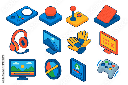 Accessible Gaming Devices. Isometric vector illustration set Accessible gaming: adaptive controller, large button controller,