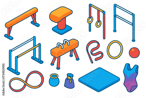 Colorful Gymnastics Icons. Isometric vector illustration set Mini gymnastics: balance beam, vault table, rings, uneven bars,