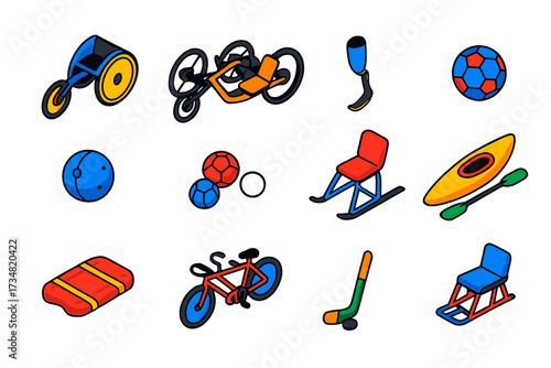 Mini Para Sports Icons. Isometric vector illustration set Mini para sports: racing wheelchair, handcycle, prosthetic running blade