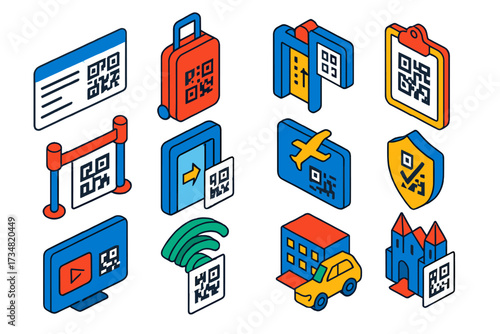 Vibrant QR Code Icons. Isometric vector illustration set QR code travel uses: boarding pass QR code, luggage tracking QR code,