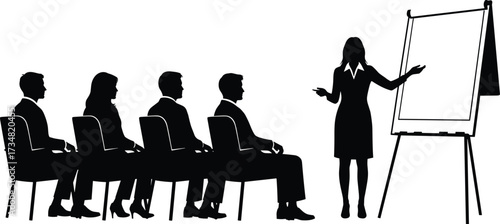 "Black Silhouette Vector of Presenter Teaching Group with Flip Chart for Classroom, Seminar, Business Meeting, and Instructional Design Use"
