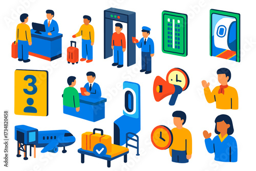 Airport Boarding Icons. Isometric vector illustration set Boarding process icons: check-in counter, security check gate, boarding