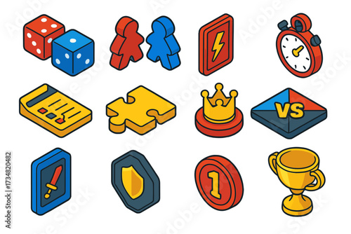 Competitive Game Icons. Isometric vector illustration set Competitive games: opposing dice, rival meeples, attack card, countdown