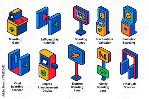 Boarding Gate Tech Icons. Isometric vector illustration set Boarding gate technology: boarding gate with QR scanner, self-boarding