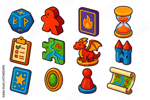 Fantasy Board Game Icons. Isometric vector illustration set Fantasy board games: rune dice, knight meeple, magic card, enchanted