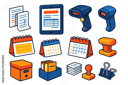 Colorful Office Finance Tools. Isometric vector illustration set Office finance tools: paper invoices, digital invoice on tablet,