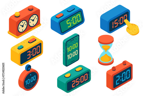 Colorful Chess Clocks. Isometric vector illustration set Chess clocks: analog chess clock, digital chess clock, touch sensor clock