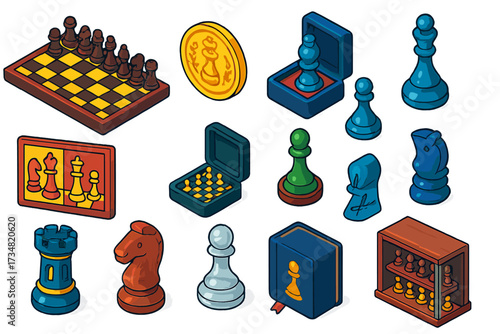 Colorful Chess Collectibles. Isometric vector illustration set Chess collectibles: vintage chess set, commemorative coin,